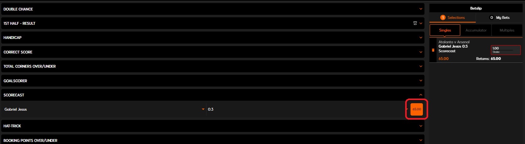 888 sport betslip for atalanta & arsenal with betslip scorecast of Gabriel Jesus to score first & Arsenal to win 3 nil